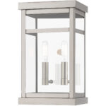 7.5 inch 2 Light Brushed Nickel Outdoor Wall Lantern with Clear Glass Shade-Lighting LumensLantern