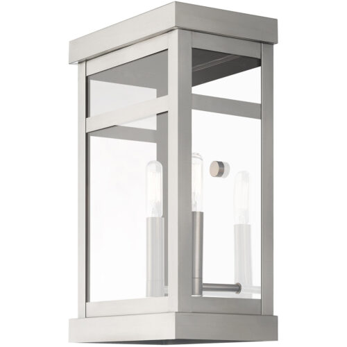 9.25 inch 2 Light Brushed Nickel Outdoor Wall Lantern with Clear Glass Shade-Lighting LumensLantern