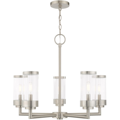 5 Light Brushed Nickel Outdoor Chandelier with Clear Glass Shade-Lighting LumensChandeliers