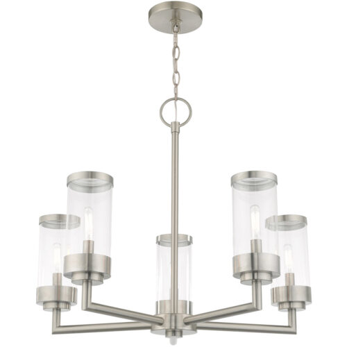 5 Light Brushed Nickel Outdoor Chandelier with Clear Glass Shade-Lighting LumensChandeliers