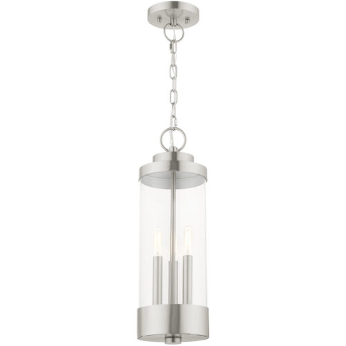 3 Light Brushed Nickel Outdoor Pendant Lantern with Clear Glass Shade-Lighting LumensLantern