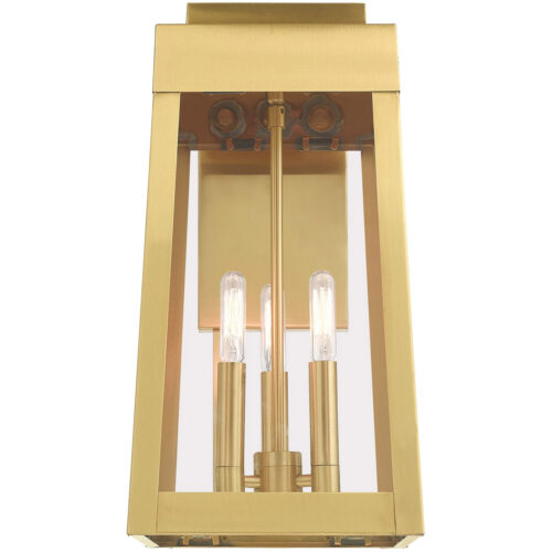 8.25 inch 3 Light Satin Brass Outdoor Wall Lantern with Clear Glass Shade-Lighting LumensLantern