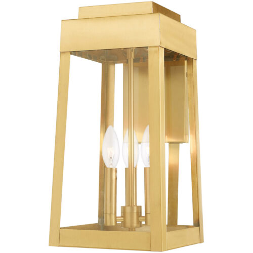 8.25 inch 3 Light Satin Brass Outdoor Wall Lantern with Clear Glass Shade-Lighting LumensLantern