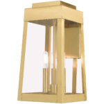 8.25 inch 3 Light Satin Brass Outdoor Wall Lantern with Clear Glass Shade-Lighting LumensLantern