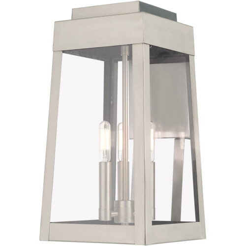 8.25 inch 3 Light Brushed Nickel Outdoor Wall Lantern with Clear Glass Shade-Lighting LumensLantern