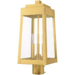 8.25 inch 3 Light Satin Brass Outdoor Post Top Lantern with Clear Glass Shade-Lighting LumensLantern