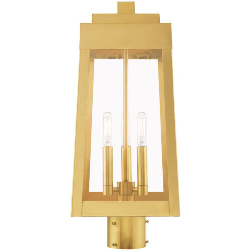 8.25 inch 3 Light Satin Brass Outdoor Post Top Lantern with Clear Glass Shade-Lighting LumensLantern