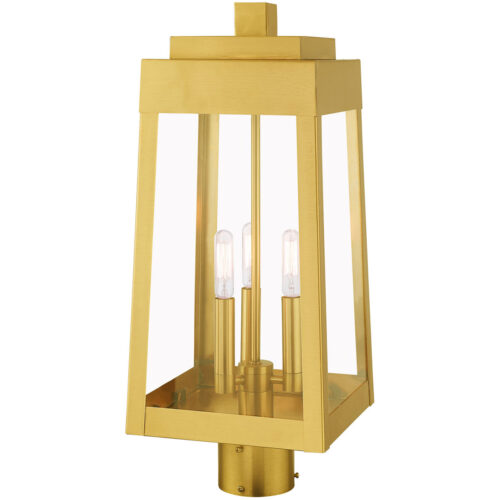 8.25 inch 3 Light Satin Brass Outdoor Post Top Lantern with Clear Glass Shade-Lighting LumensLantern