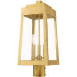 8.25 inch 3 Light Satin Brass Outdoor Post Top Lantern with Clear Glass Shade-Lighting LumensLantern