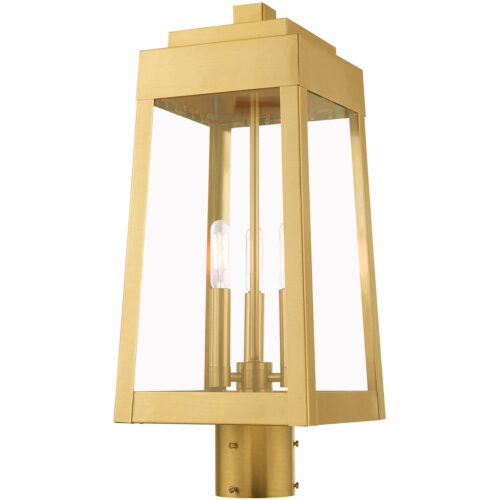 8.25 inch 3 Light Satin Brass Outdoor Post Top Lantern with Clear Glass Shade-Lighting LumensLantern