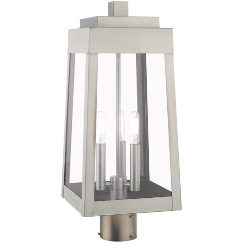 8.25 inch 3 Light Brushed Nickel Outdoor Post Top Lantern with Clear Glass Shade-Lighting LumensLantern