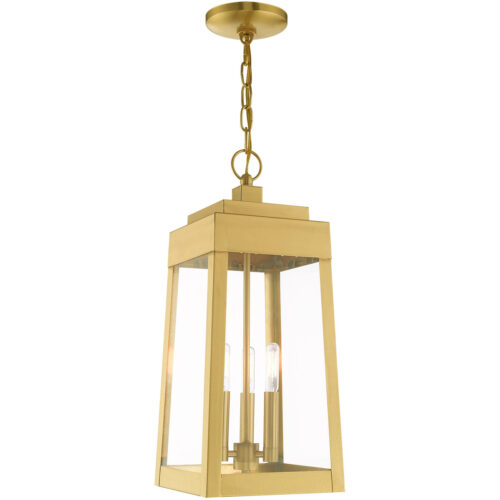 8.25 inch 3 Light Satin Brass Outdoor Pendant Lantern with Clear Glass Shade-Lighting LumensLantern