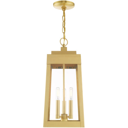 8.25 inch 3 Light Satin Brass Outdoor Pendant Lantern with Clear Glass Shade-Lighting LumensLantern