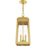 8.25 inch 3 Light Satin Brass Outdoor Pendant Lantern with Clear Glass Shade-Lighting LumensLantern