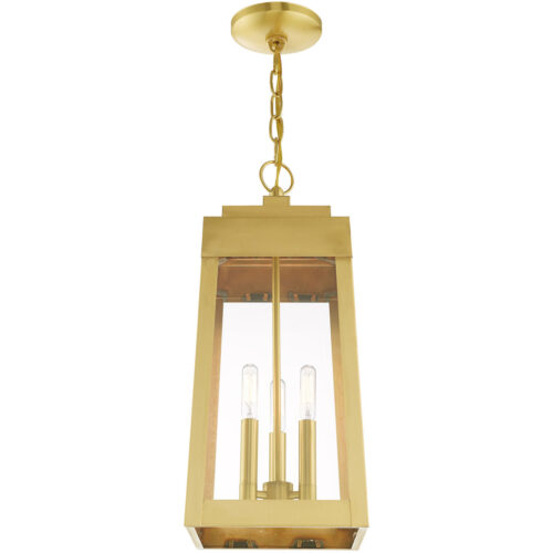 8.25 inch 3 Light Satin Brass Outdoor Pendant Lantern with Clear Glass Shade-Lighting LumensLantern