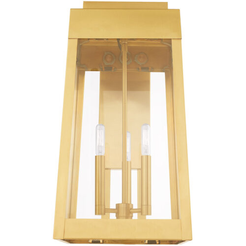 10.5 inch 3 Light Satin Brass Outdoor Wall Lantern with Clear Glass Shade-Lighting LumensLantern