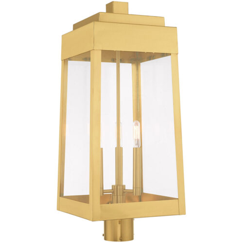 10.5 inch 3 Light Satin Brass Outdoor Post Top Lantern with Clear Glass Shade-Lighting LumensLantern