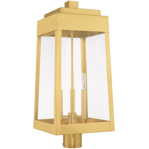 10.5 inch 3 Light Satin Brass Outdoor Post Top Lantern with Clear Glass Shade-Lighting LumensLantern