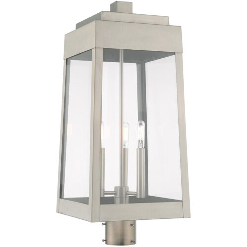 10.5 inch 3 Light Brushed Nickel Outdoor Post Top Lantern with Clear Glass Shade-Lighting LumensLantern