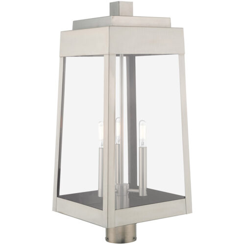 10.5 inch 3 Light Brushed Nickel Outdoor Post Top Lantern with Clear Glass Shade-Lighting LumensLantern