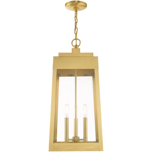 10.5 inch 3 Light Satin Brass Outdoor Pendant Lantern with Clear Glass Shade-Lighting LumensLantern