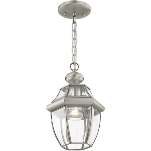 1 Light Brushed Nickel Outdoor Chain Lantern Pendant Lighting Fixture with Clear Beveled Glass Shade-Lighting LumensLantern