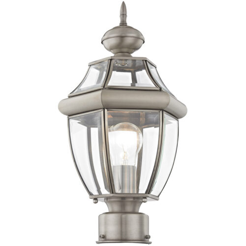 1 Light Brushed Nickel Outdoor Post Lantern Pendant Lighting Fixture with Clear Beveled Glass Shade-Lighting LumensLantern