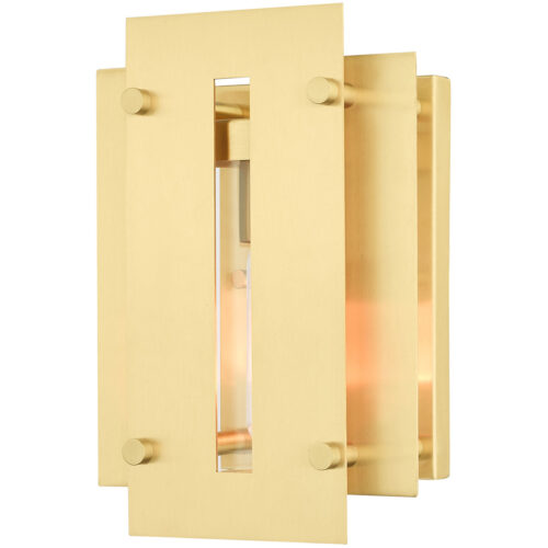 7 inch 1 Light Satin Brass Outdoor Wall Lantern with Clear Glass Shade-Lighting LumensLantern