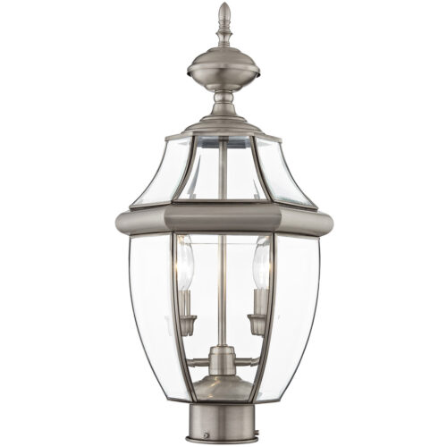 2 Light Brushed Nickel Outdoor Post Lantern Pendant Lighting Fixture with Clear Beveled Glass Shade-Lighting LumensLantern