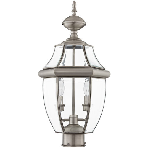 2 Light Brushed Nickel Outdoor Post Lantern Pendant Lighting Fixture with Clear Beveled Glass Shade-Lighting LumensLantern