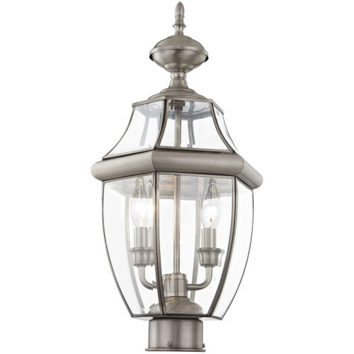 2 Light Brushed Nickel Outdoor Post Lantern Pendant Lighting Fixture with Clear Beveled Glass Shade-Lighting LumensLantern