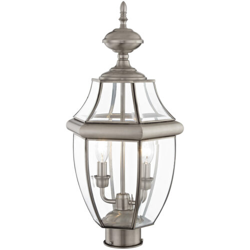 2 Light Brushed Nickel Outdoor Post Lantern Pendant Lighting Fixture with Clear Beveled Glass Shade-Lighting LumensLantern