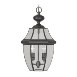 2 Light Black Outdoor Chain Lantern Pendant Lighting Fixture with Clear Beveled Glass Shade-Lighting LumensLantern