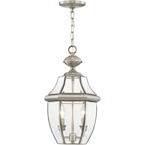 2 Light Brushed Nickel Outdoor Chain Lantern Pendant Lighting Fixture with Clear Beveled Glass Shade-Lighting LumensLantern