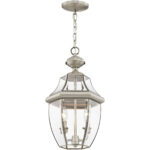 2 Light Brushed Nickel Outdoor Chain Lantern Pendant Lighting Fixture with Clear Beveled Glass Shade-Lighting LumensLantern