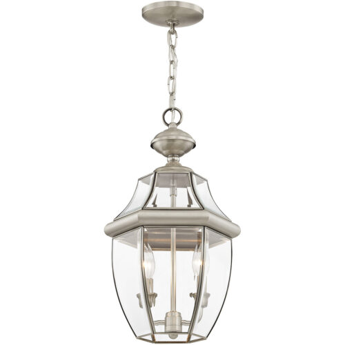 2 Light Brushed Nickel Outdoor Chain Lantern Pendant Lighting Fixture with Clear Beveled Glass Shade-Lighting LumensLantern