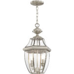 2 Light Brushed Nickel Outdoor Chain Lantern Pendant Lighting Fixture with Clear Beveled Glass Shade-Lighting LumensLantern