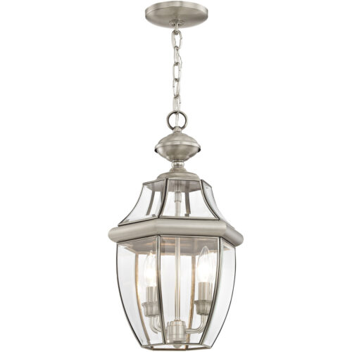 2 Light Brushed Nickel Outdoor Chain Lantern Pendant Lighting Fixture with Clear Beveled Glass Shade-Lighting LumensLantern