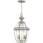 2 Light Brushed Nickel Outdoor Chain Lantern Pendant Lighting Fixture with Clear Beveled Glass Shade-Lighting LumensLantern