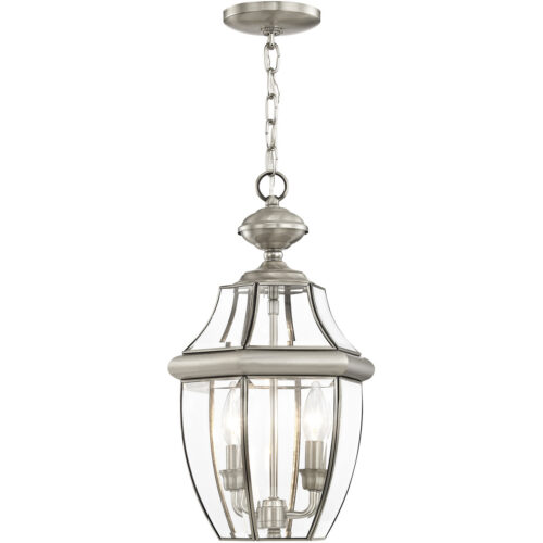 2 Light Brushed Nickel Outdoor Chain Lantern Pendant Lighting Fixture with Clear Beveled Glass Shade-Lighting LumensLantern