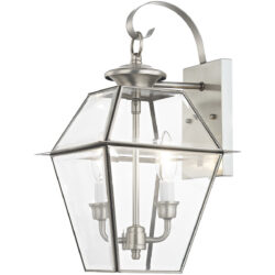 9 inch 2 Light Brushed Nickel Outdoor Wall Lantern Pendant Lighting Fixture with Clear Beveled Glass Shade-Lighting LumensLantern