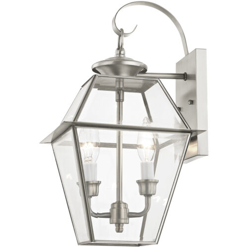 9 inch 2 Light Brushed Nickel Outdoor Wall Lantern Pendant Lighting Fixture with Clear Beveled Glass Shade-Lighting LumensLantern