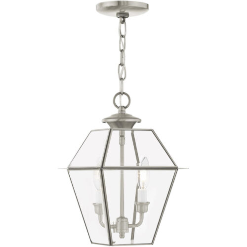 9 inch 2 Light Brushed Nickel Outdoor Chain-Hang Lantern Pendant Lighting Fixture with Clear Beveled Glass Shade-Lighting LumensLantern