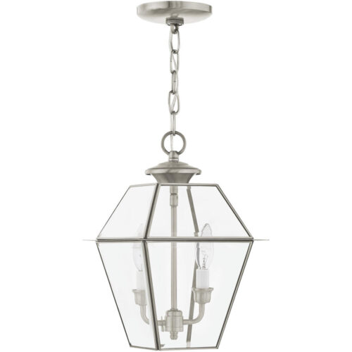 9 inch 2 Light Brushed Nickel Outdoor Chain-Hang Lantern Pendant Lighting Fixture with Clear Beveled Glass Shade-Lighting LumensLantern