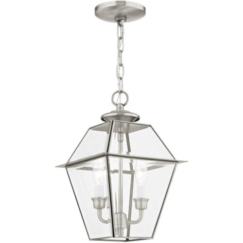 9 inch 2 Light Brushed Nickel Outdoor Chain-Hang Lantern Pendant Lighting Fixture with Clear Beveled Glass Shade-Lighting LumensLantern