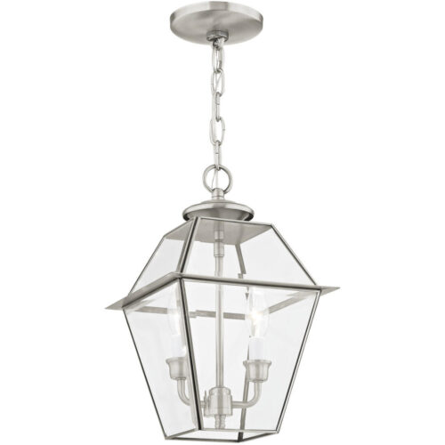 9 inch 2 Light Brushed Nickel Outdoor Chain-Hang Lantern Pendant Lighting Fixture with Clear Beveled Glass Shade-Lighting LumensLantern