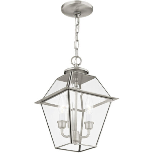 9 inch 2 Light Brushed Nickel Outdoor Chain-Hang Lantern Pendant Lighting Fixture with Clear Beveled Glass Shade-Lighting LumensLantern