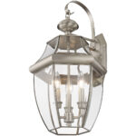 12.5 inch 3 Light Brushed Nickel Outdoor Wall Lantern Pendant Lighting Fixture with Clear Beveled Glass Shade-Lighting LumensLantern