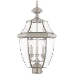 3 Light Brushed Nickel Outdoor Post Lantern Pendant Lighting Fixture with Clear Beveled Glass Shade-Lighting LumensLantern