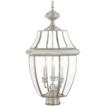 3 Light Brushed Nickel Outdoor Post Lantern Pendant Lighting Fixture with Clear Beveled Glass Shade-Lighting LumensLantern